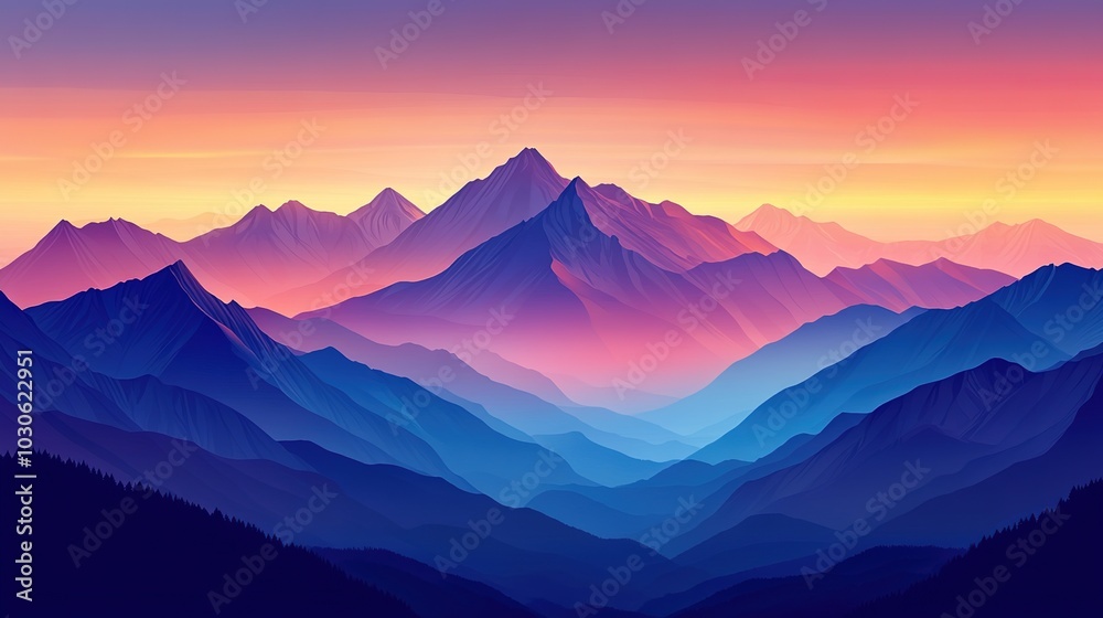 Vibrant sunset over rolling hills in a tranquil valley surrounded by mountain ranges in the late afternoon Vibrant sunset over rolling hills in a tranquil valley surrounded by mountain ranges in the late afternoon