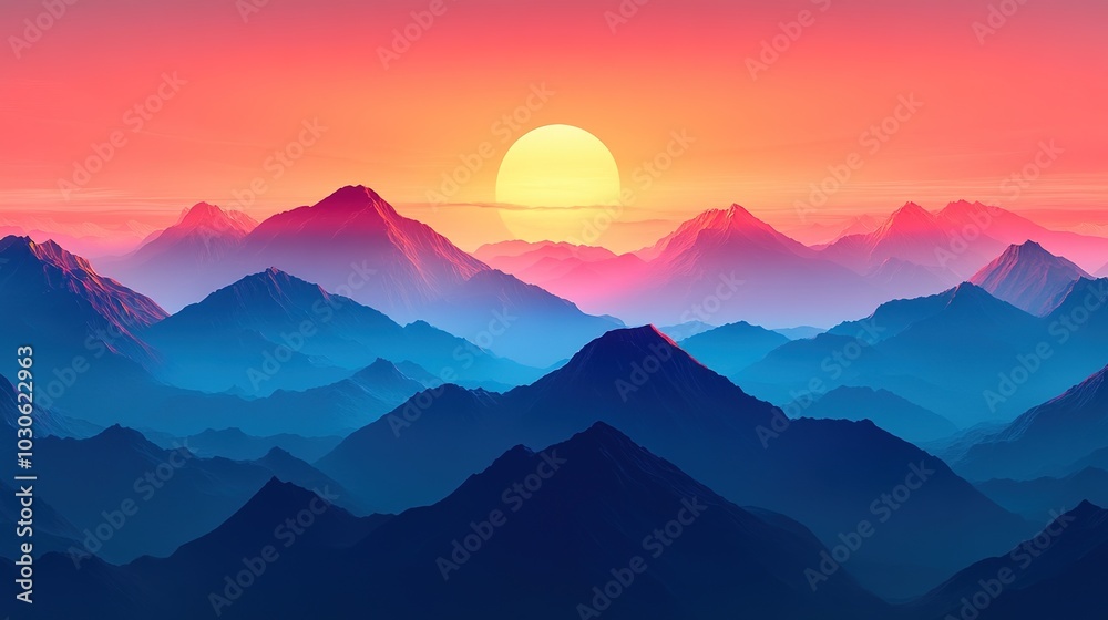 Obraz premium Vibrant sunset over rolling hills in a tranquil valley surrounded by mountain ranges in the late afternoon