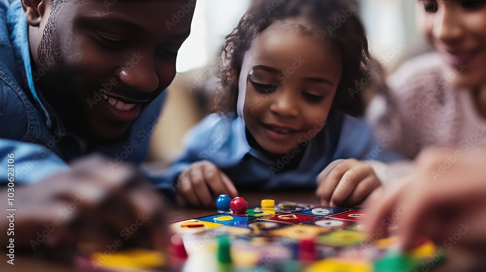Family enjoying a board game together in a cozy living room during a sunny afternoon Family enjoying a board game together in a cozy living room during a sunny afternoon