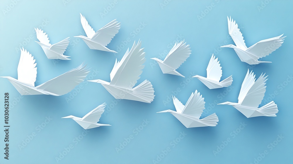 Repeating paper cut origami bird pattern in flight with detailed wing folds, paper cut bird, origami wildlife pattern Repeating paper cut origami bird pattern in flight with detailed wing folds, paper cut bird, origami wildlife pattern