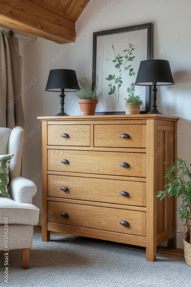 Elegant wooden chest of drawers beside a stylish lamp and indoor plant in a cozy living room Elegant wooden chest of drawers beside a stylish lamp and indoor plant in a cozy living room