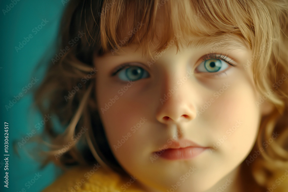 Thoughtful child portrait with dreamy eyes and soft features