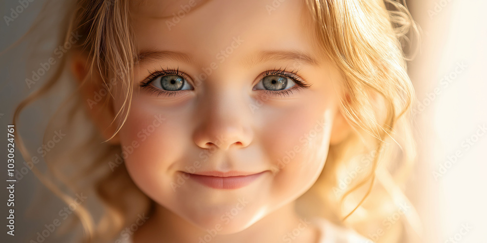 Naklejka premium Captivating portrait of smiling blonde child with blue eyes in warm sunlight