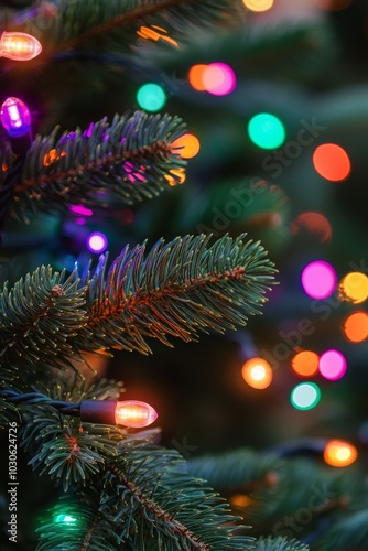 Colorful Christmas lights illuminate festive evergreen branches during the holiday season