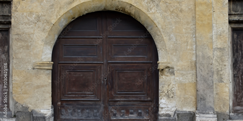 Rustic wooden door in weathered stone archway of historic building Rustic wooden door in weathered stone archway of historic building