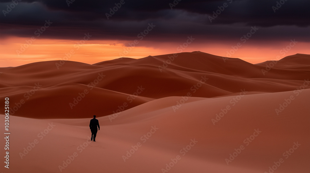 Lone figure walking through vast desert dunes at sunset Lone figure walking through vast desert dunes at sunset
