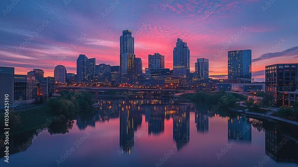 Colorful city skyline at night reflecting on water with illuminated buildings and a tower in the background Colorful city skyline at night reflecting on water with illuminated buildings and a tower in the background