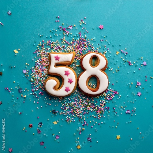 Decorated cookie, number 58, image for birthday or anniversary celebration