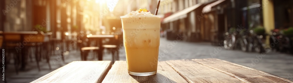 Refreshing Chilled Iced Coffee at an Outdoor Cafe, Perfect Summer Drink Escape in the Urban Setting, Sun Shining Brightly Refreshing Chilled Iced Coffee at an Outdoor Cafe, Perfect Summer Drink Escape in the Urban Setting, Sun Shining Brightly