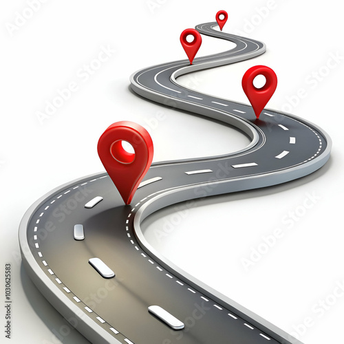 3D abstract road with red location pins marking a curvy path, symbolizing journey and direction concepts.
