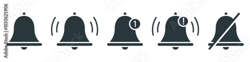 Notification bell icon for incoming inbox message. Notification bell icon set. Alarm symbol. Vector ringing bell and notification number sign for alarm clock and smartphone application alert.