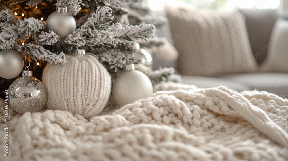 Cozy winter holiday scene with a decorated Christmas tree and soft blankets indoors Cozy winter holiday scene with a decorated Christmas tree and soft blankets indoors