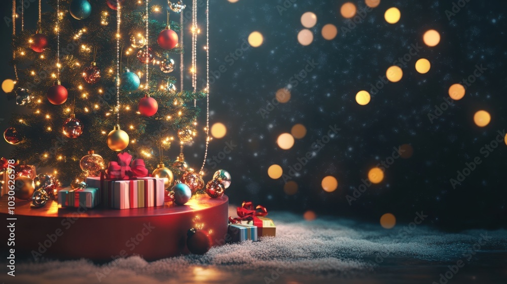 Elegant podium with hanging lights and a Christmas tree decorated with colorful balls and ornaments. Elegant podium with hanging lights and a Christmas tree decorated with colorful balls and ornaments.