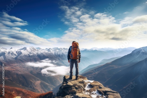 A backpacker on the top of the mountain backpacking recreation adventure. photo