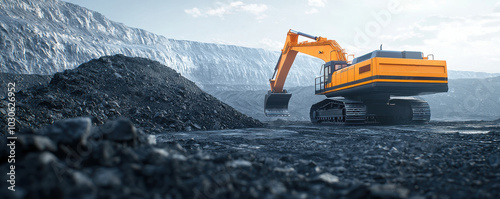 Excavator working in open pit mine, showcasing heavy machinery in action. powerful machine is moving earth and rocks, highlighting industrial landscape and mining operations