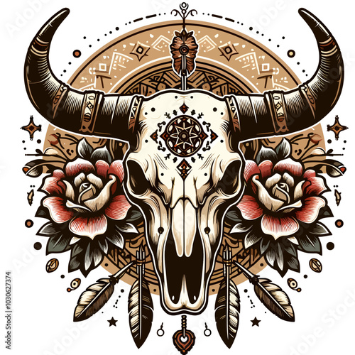 A bull skull with a rose and feathers surrounding it