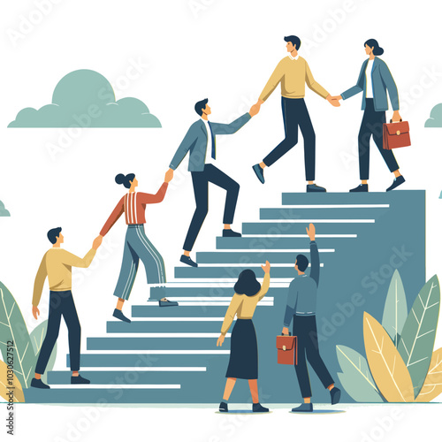 A group of people are climbing a set of stairs