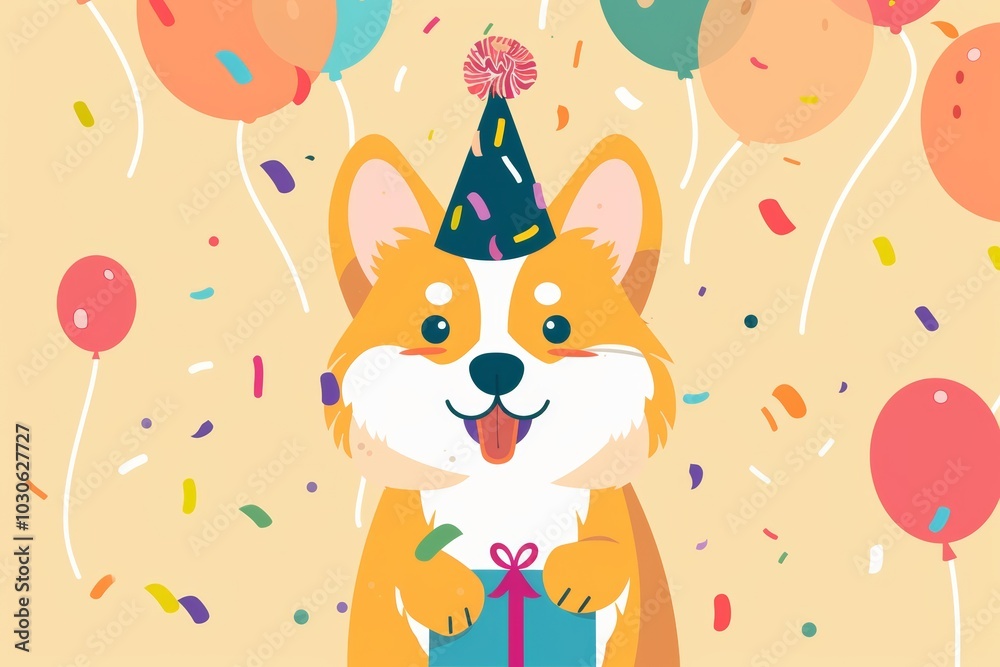 Festive corgi with gift in party hat and balloons Festive corgi with gift in party hat and balloons