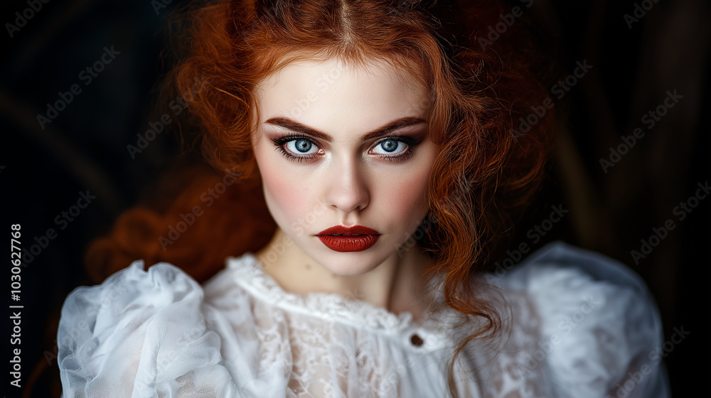 Portrait of red-haired woman with intense gaze and red lips Portrait of red-haired woman with intense gaze and red lips