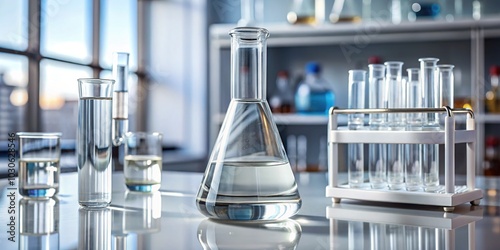 Transparent glass vial containing clear liquid silane compound on white laboratory countertop surrounded by beakers, test tubes, and precision equipment. photo