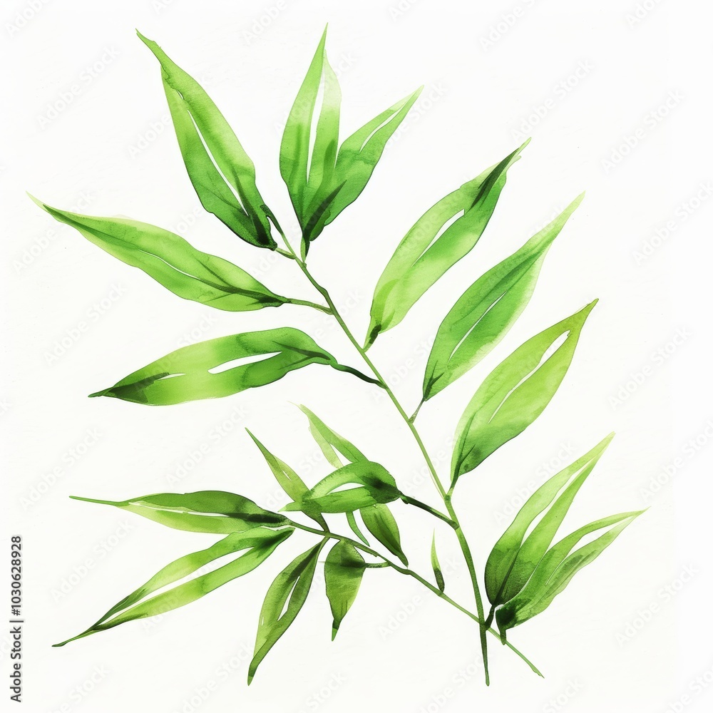 Ink Wash Painting of a Bamboo Leaf on Green Background, Hand Drawn Art for Decorative and Design Use Generative AI