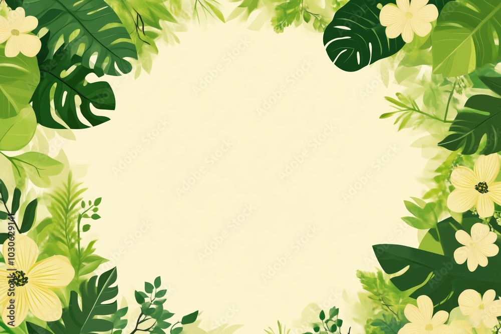 Naklejka premium Floral spring design with flowers, green leaves, . Round shape with space for text. Sale banner or flyer template, vector illustration