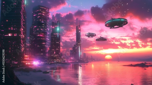 A retro-futuristic beach resort on an alien planet, with vintage buildings and flying hovercrafts above the glowing, neon-lit water
