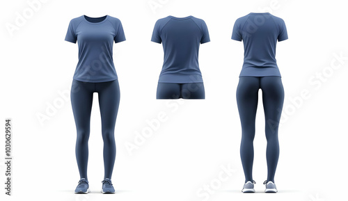 A female mannequin wearing a blue t-shirt and leggings with white sneakers, viewed from the front, back, and side.