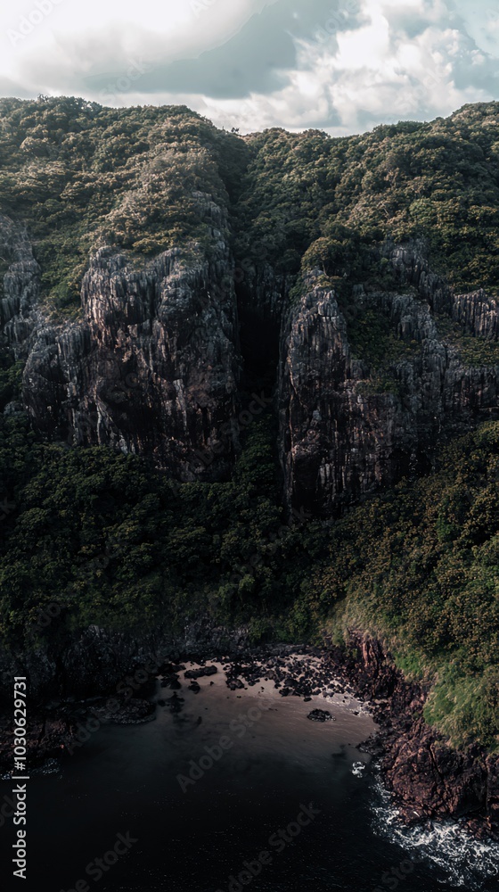 Aerial view of a rocky cliff with lush vegetation and a small cove below. Aerial view of a rocky cliff with lush vegetation and a small cove below.