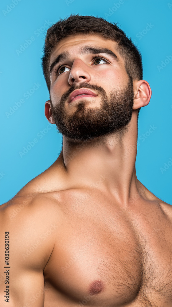 Portrait of bearded muscular man looking upwards against blue background Portrait of bearded muscular man looking upwards against blue background