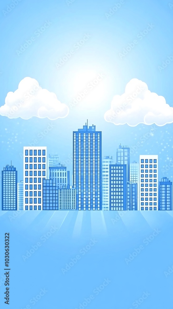 An illustration of a blue city skyline with clouds and sunshine. An illustration of a blue city skyline with clouds and sunshine.