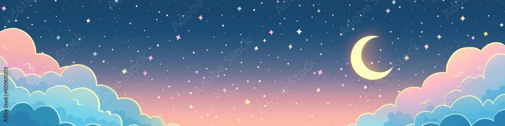 Dreamy Night Sky with Fluffy Clouds and Stars, Crescent Moon Glow, Ideal for Calm and Serene Backgrounds Generative AI Dreamy Night Sky with Fluffy Clouds and Stars, Crescent Moon Glow, Ideal for Calm and Serene Backgrounds Generative AI