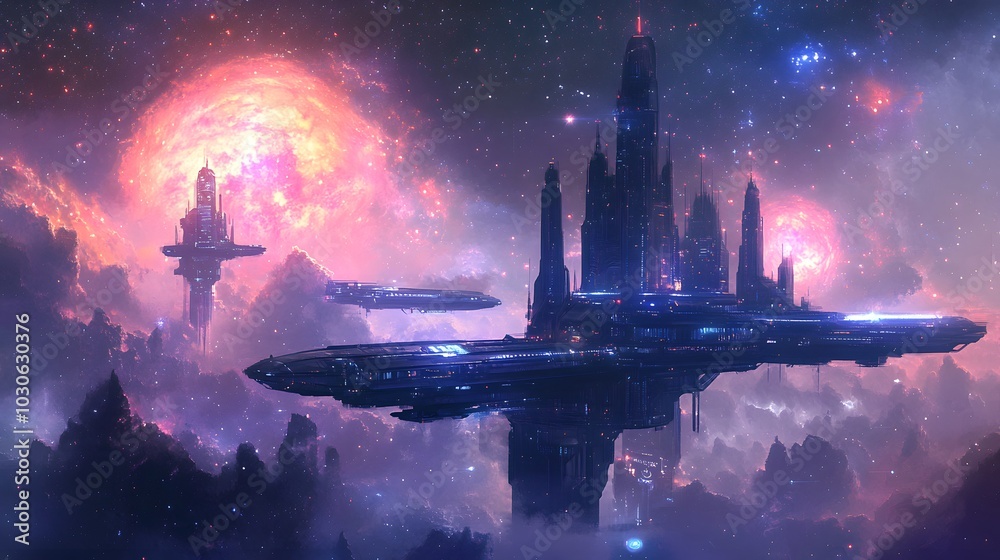 A floating retro-futuristic space station with chrome rocket ships docking, set against the backdrop of a massive glowing nebula A floating retro-futuristic space station with chrome rocket ships docking, set against the backdrop of a massive glowing nebula