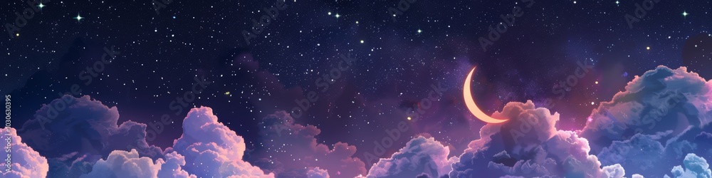 Dreamy Night Sky with Fluffy Clouds and Stars, Crescent Moon Glow, Ideal for Calming and Serene Backgrounds Generative AI Dreamy Night Sky with Fluffy Clouds and Stars, Crescent Moon Glow, Ideal for Calming and Serene Backgrounds Generative AI