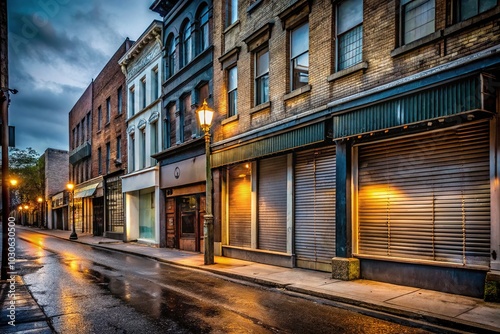 Vacant and dimly lit commercial street lined with shuttered storefronts, faded signage, and empty windows, conveying a sense of economic downturn and urban decay. photo