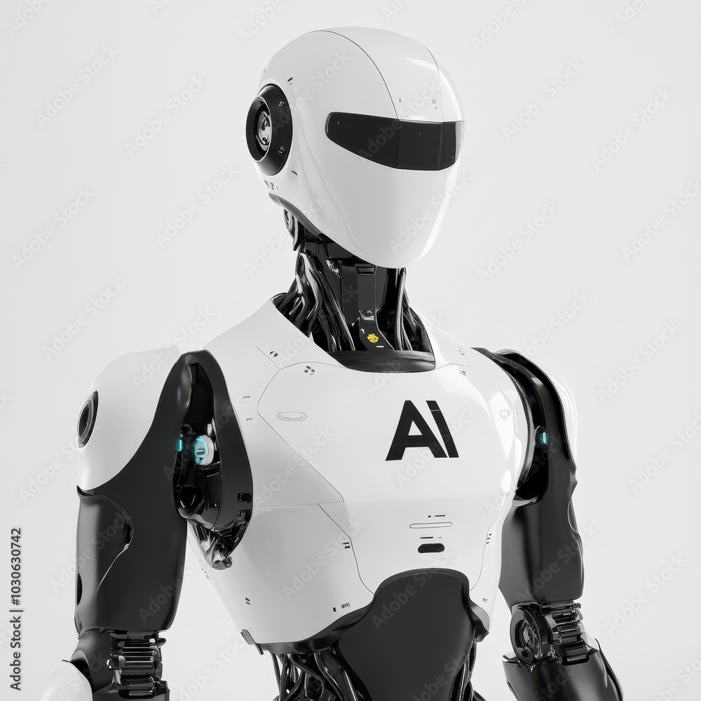 Humanoid Robot in White and Black with AI Logo Humanoid Robot in White and Black with AI Logo