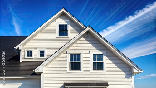 House with white siding and black roof beneath a clear blue sky seen from below