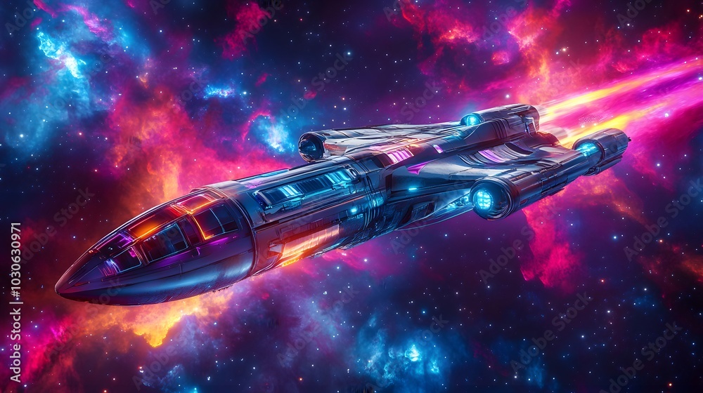 A retro spaceship cruising through a vibrant nebula, with chrome accents and glowing neon lights reflecting off the hull A retro spaceship cruising through a vibrant nebula, with chrome accents and glowing neon lights reflecting off the hull