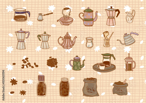 Set of coffee shop clipart illustrations. Coffee brewers, beans, cezve