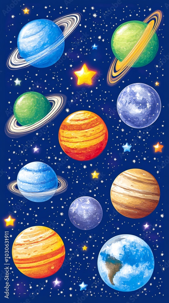 Colorful cartoon planets and stars on a dark blue background. Colorful cartoon planets and stars on a dark blue background.