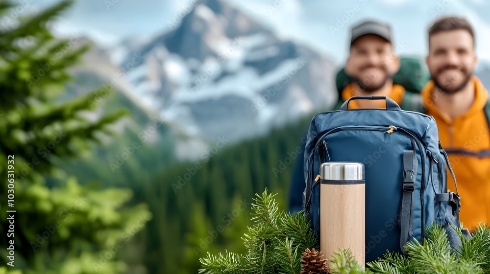 A group of adventurous hikers carrying modern outdoor backpacks and thermos explore a scenic mountain trail surrounded by the beauty and grandeur of nature A group of adventurous hikers carrying modern outdoor backpacks and thermos explore a scenic mountain trail surrounded by the beauty and grandeur of nature