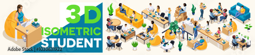 Isometric Kit Students and Furniture. Characters, Personage, Students relax in Comfortable Chairs, Study at Beautiful Tables. Happy Students Life