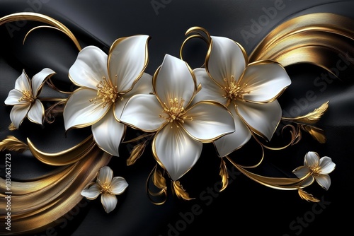 A black background with a gold and white floral design