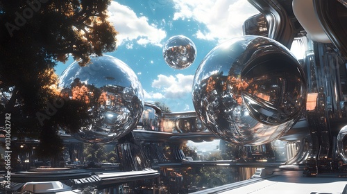 A surreal space station with giant chrome spheres floating around, blending retro 60s technology with futuristic holographic interfaces