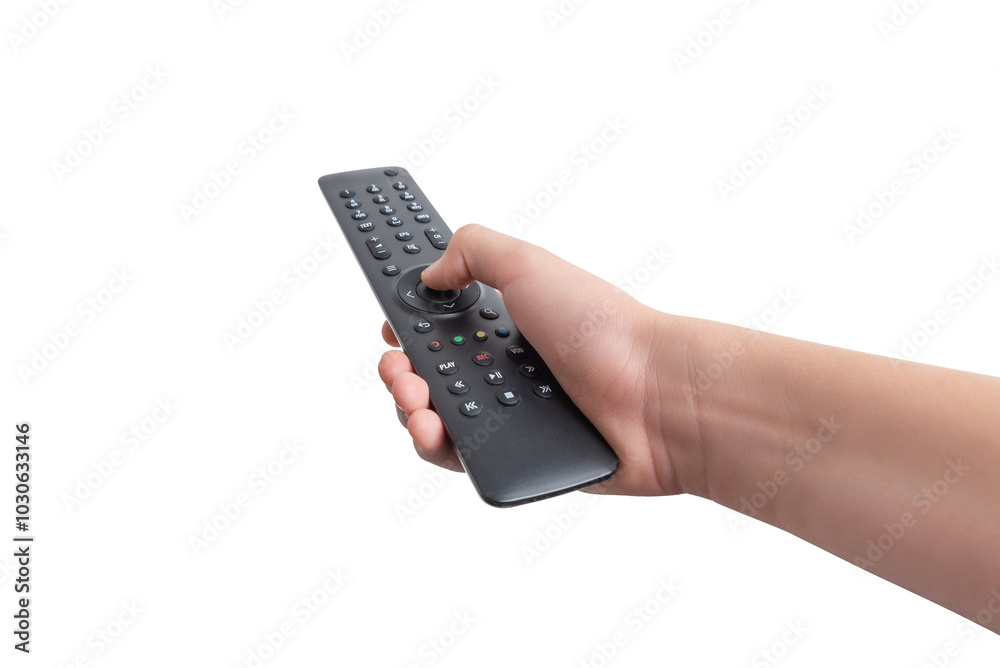 Hand holding a TV remote control featuring numbered channel buttons and additional function keys, isolated on a white background. Ideal for various backgrounds Hand holding a TV remote control featuring numbered channel buttons and additional function keys, isolated on a white background. Ideal for various backgrounds