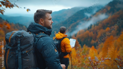 Side view of hikers trekking through a lush autumn forest equipped with layered clothing backpacks trail maps and compasses focusing on the tools and gear for outdoor and adventure in the wilderness