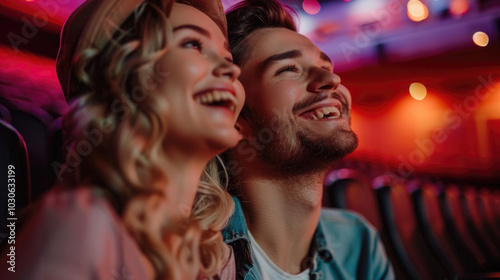 A young couple, lost in laughter and enjoying a movie together.