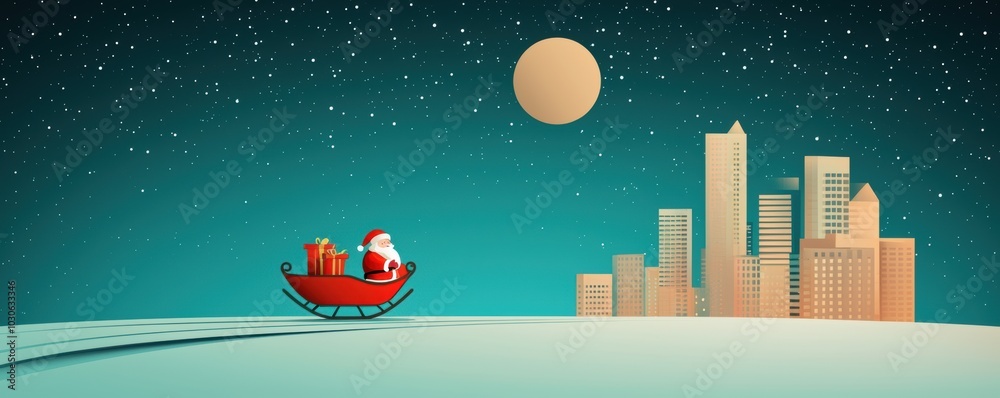 Naklejka premium Santa Claus delivers presents through snowy city at night, creating magical holiday atmosphere under starry sky and bright moon. 