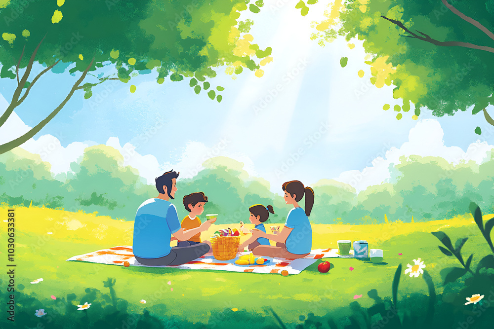 custom made wallpaper toronto digitalFamily enjoying a picnic outdoors, sitting on a blanket in a sunny park surrounded by nature