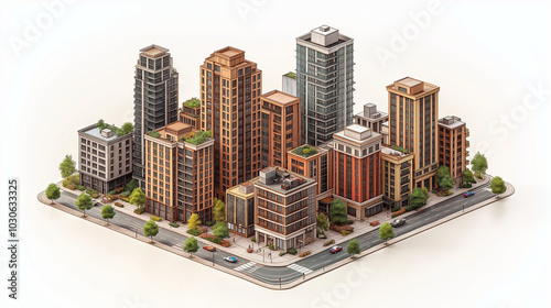 3D illustration of modern apartment buildings in a city block